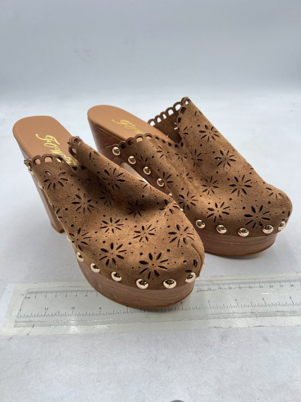 FOWT Tan Studded Closed Toe Floral Cut Out Platform Chunky Super High Heel Mules - Picture 4 of 8